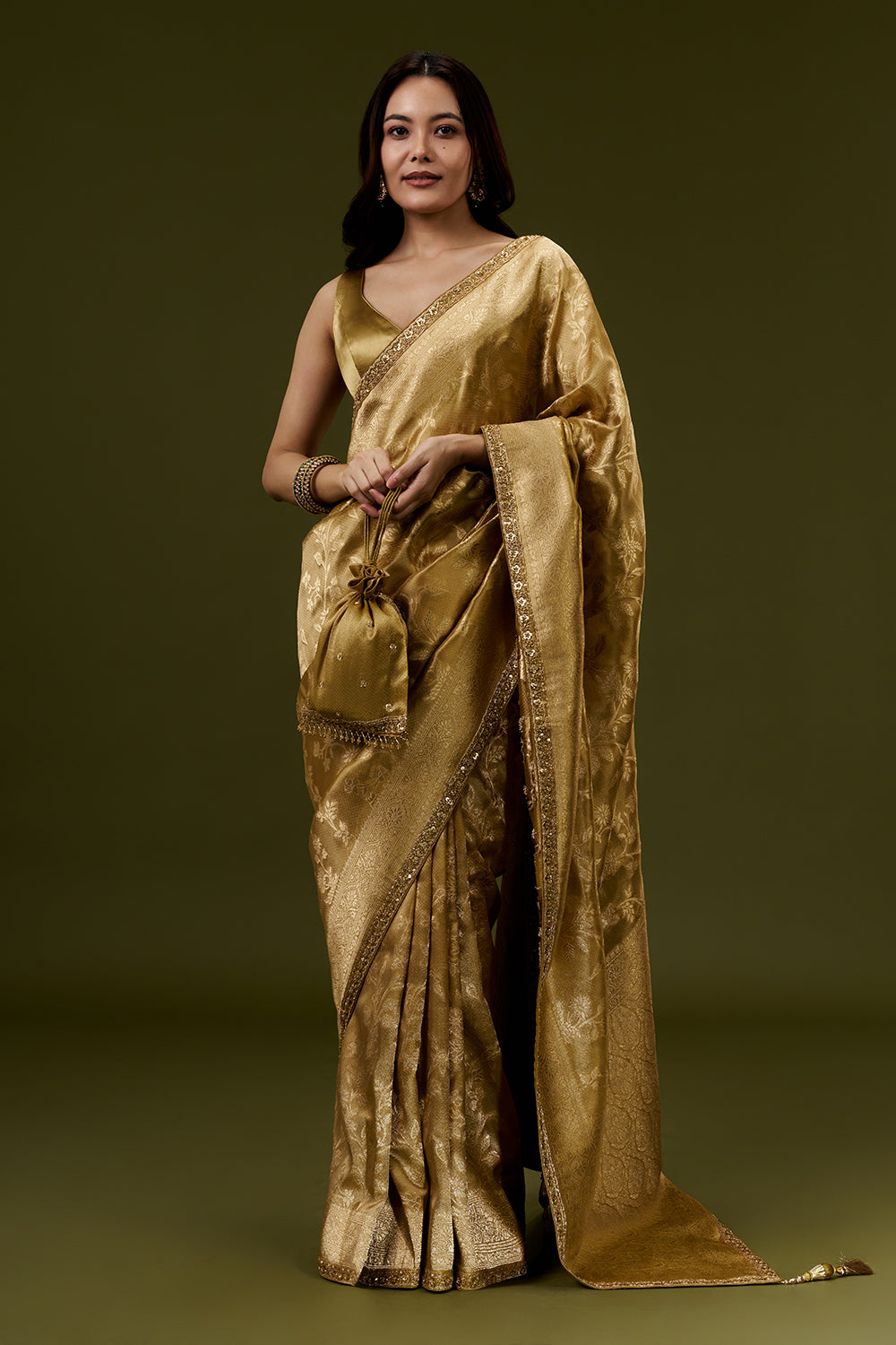 Beige Gold Banarasi Silk Woven Saree with Sequin Embroidery