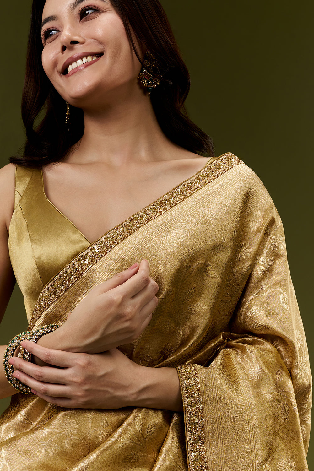 Beige Gold Banarasi Silk Woven Saree with Sequin Embroidery