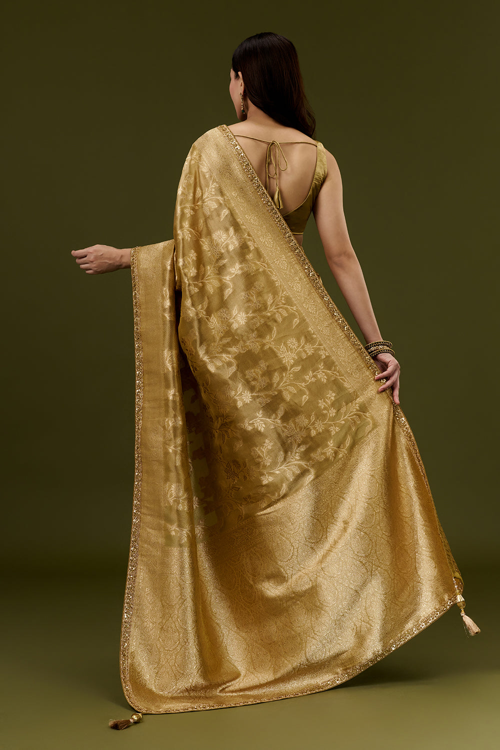 Beige Gold Banarasi Silk Woven Saree with Sequin Embroidery