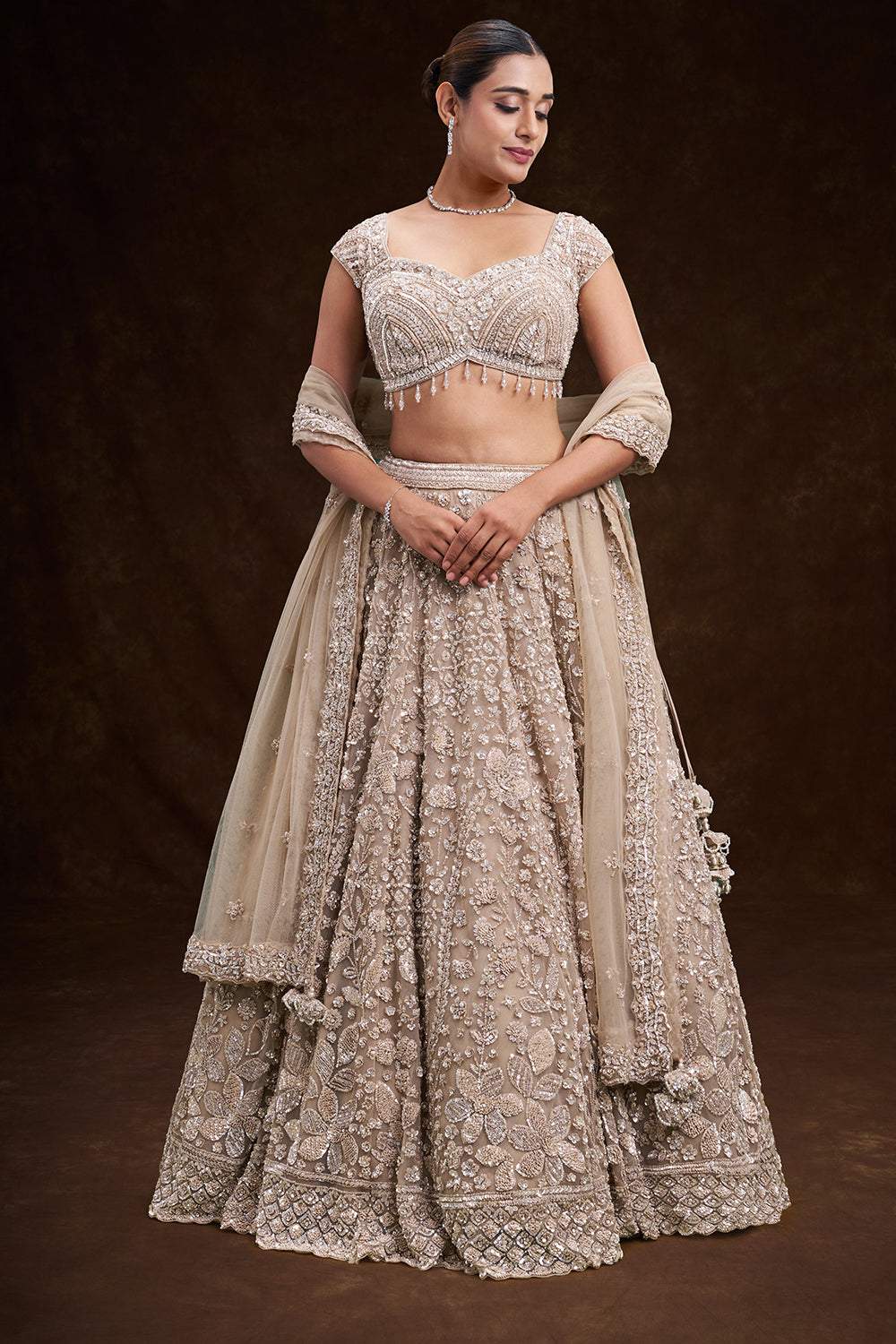 Beige Gold Net Bridal Lehenga with Floral Cutdana and Sequin Work