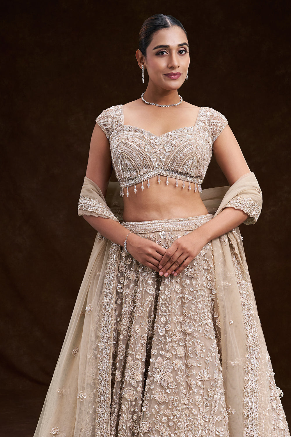 Beige Gold Net Bridal Lehenga with Floral Cutdana and Sequin Work