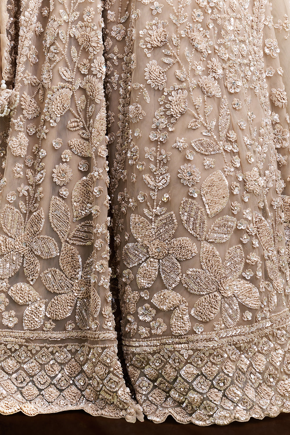 Beige Gold Net Bridal Lehenga with Floral Cutdana and Sequin Work
