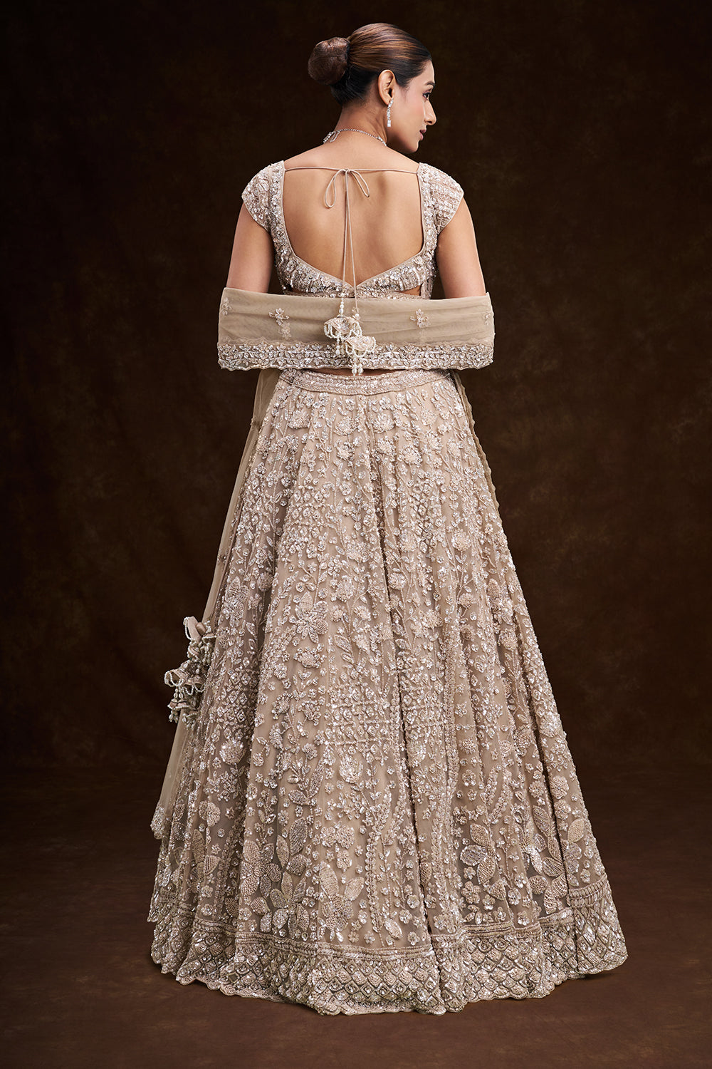 Beige Gold Net Bridal Lehenga with Floral Cutdana and Sequin Work