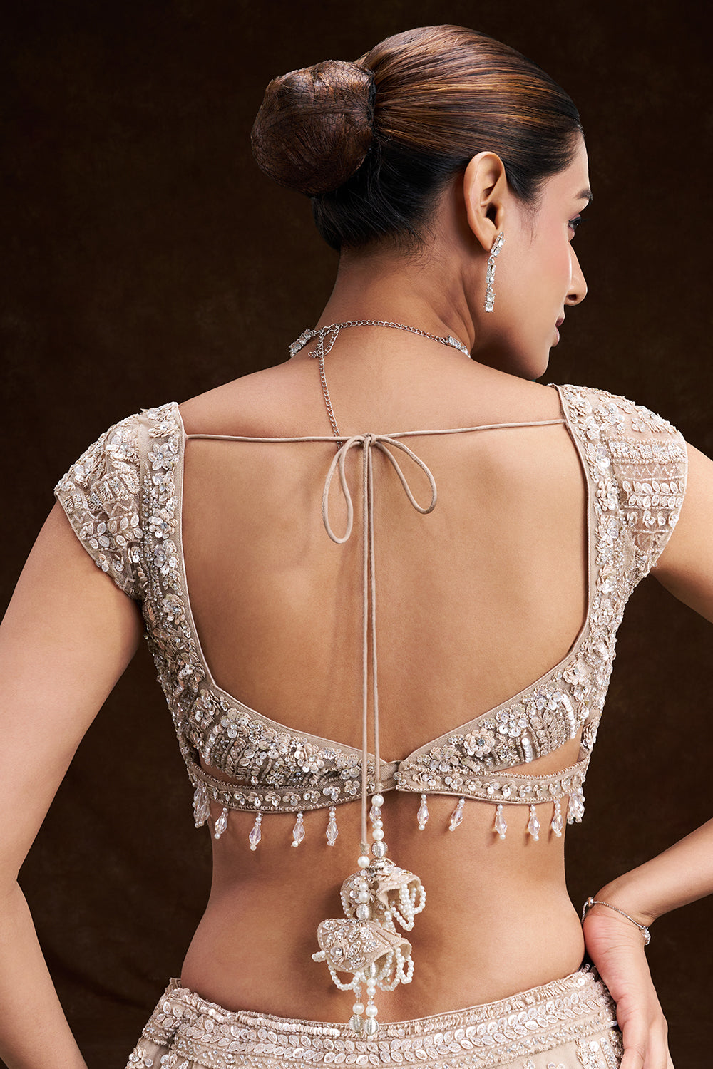 Beige Gold Net Bridal Lehenga with Floral Cutdana and Sequin Work