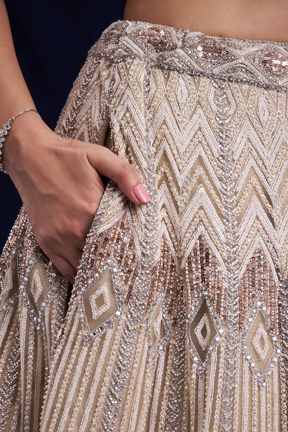 Beige Gold Net Bridesmaid Lehenga with Cutdana, Sequin and Bead Work