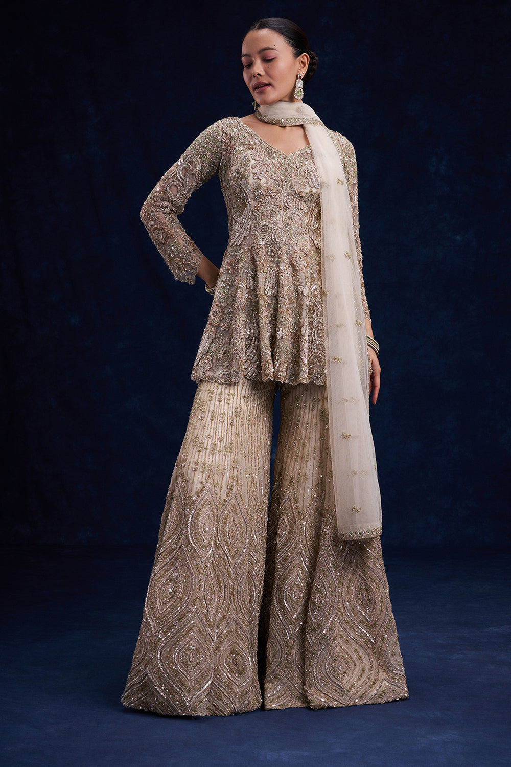 Beige Gold Net Indo-Western Set with Cutdana, Sequin and Bead Work