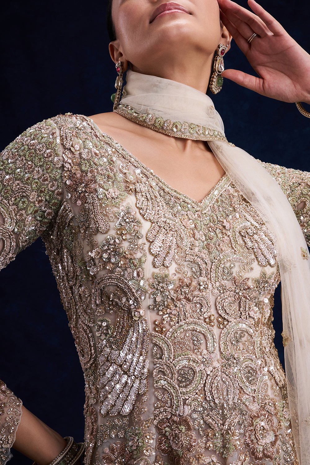 Beige Gold Net Indo-Western Set with Cutdana, Sequin and Bead Work