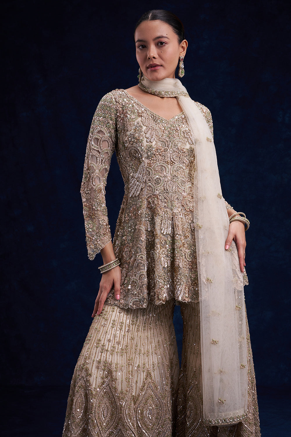Beige Gold Net Indo-Western Set with Cutdana, Sequin and Bead Work
