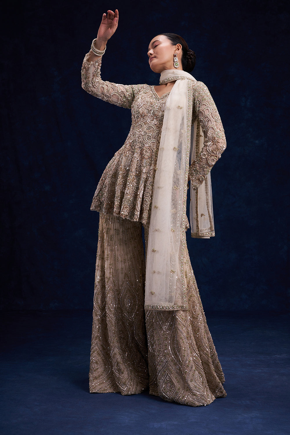 Beige Gold Net Indo-Western Set with Cutdana, Sequin and Bead Work