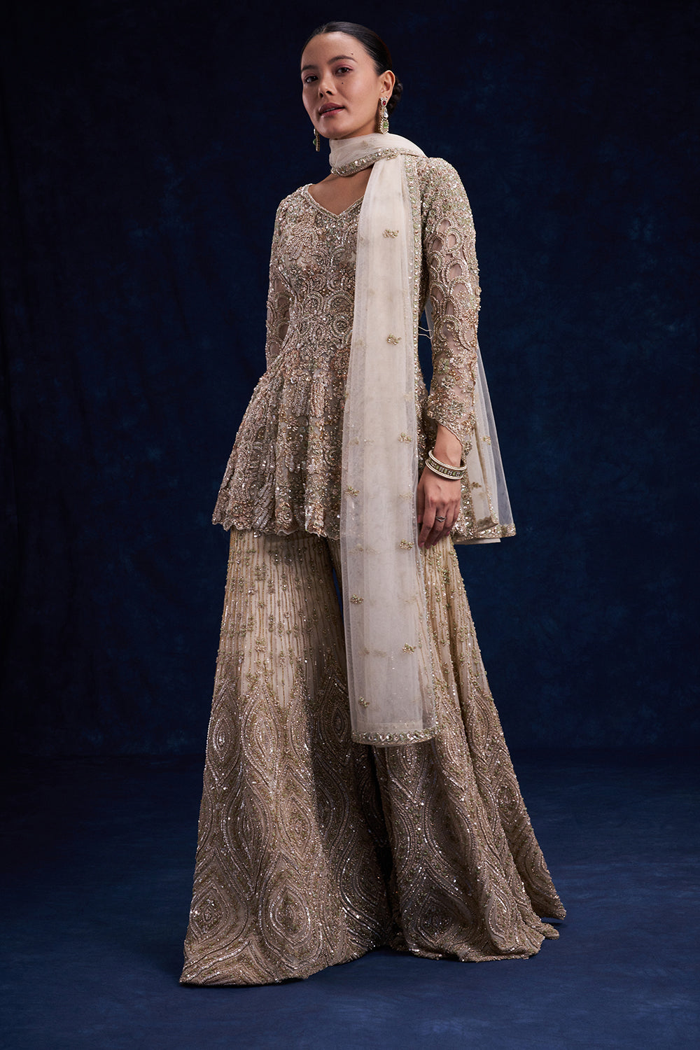 Beige Gold Net Indo-Western Set with Cutdana, Sequin and Bead Work