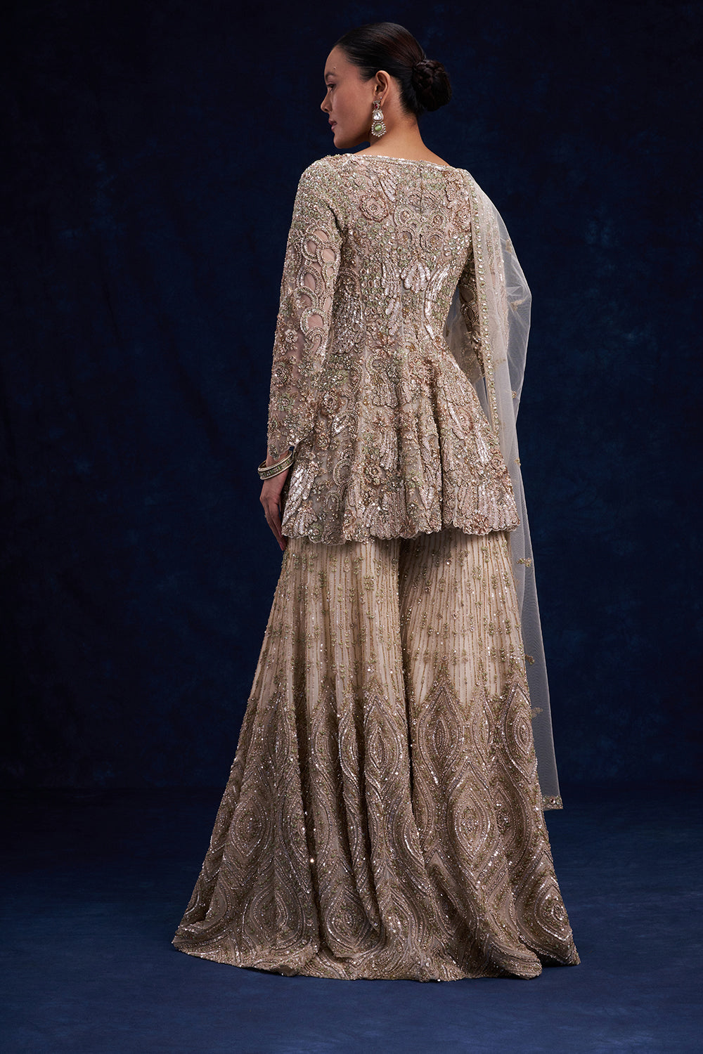 Beige Gold Net Indo-Western Set with Cutdana, Sequin and Bead Work