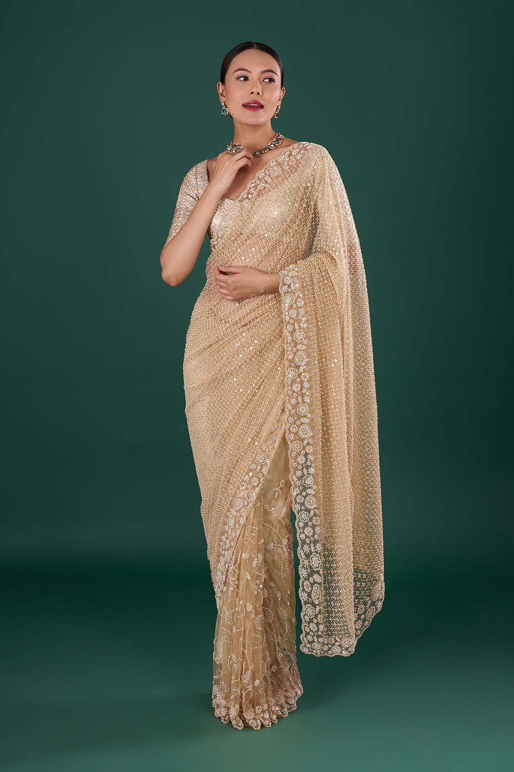 Beige Gold Net Saree with Sequin Embroidery