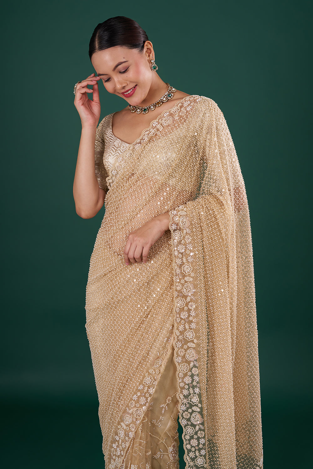 Beige Gold Net Saree with Sequin Embroidery