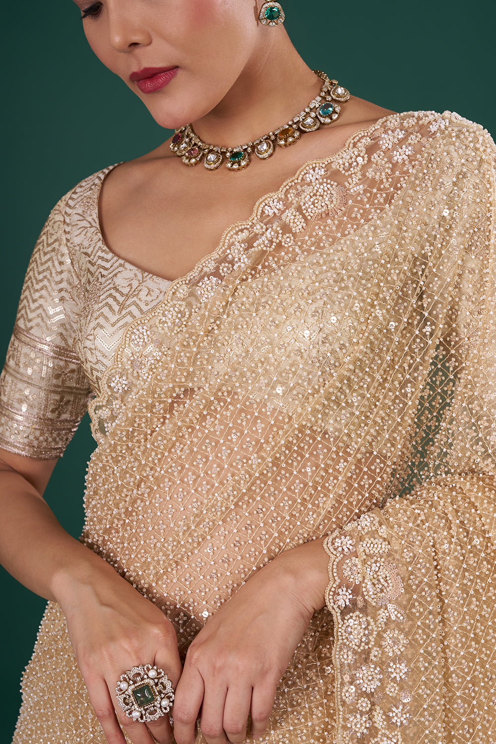 Beige Gold Net Saree with Sequin Embroidery