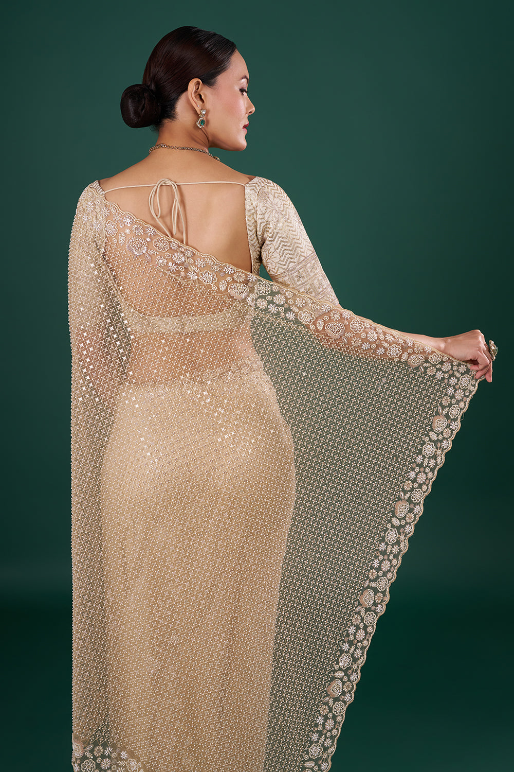 Beige Gold Net Saree with Sequin Embroidery