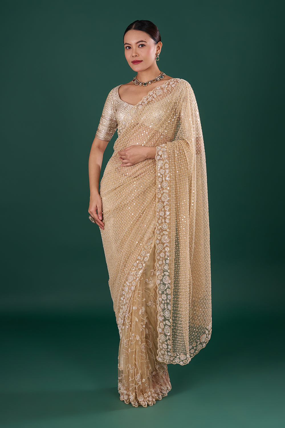 Beige Gold Net Saree with Sequin Embroidery