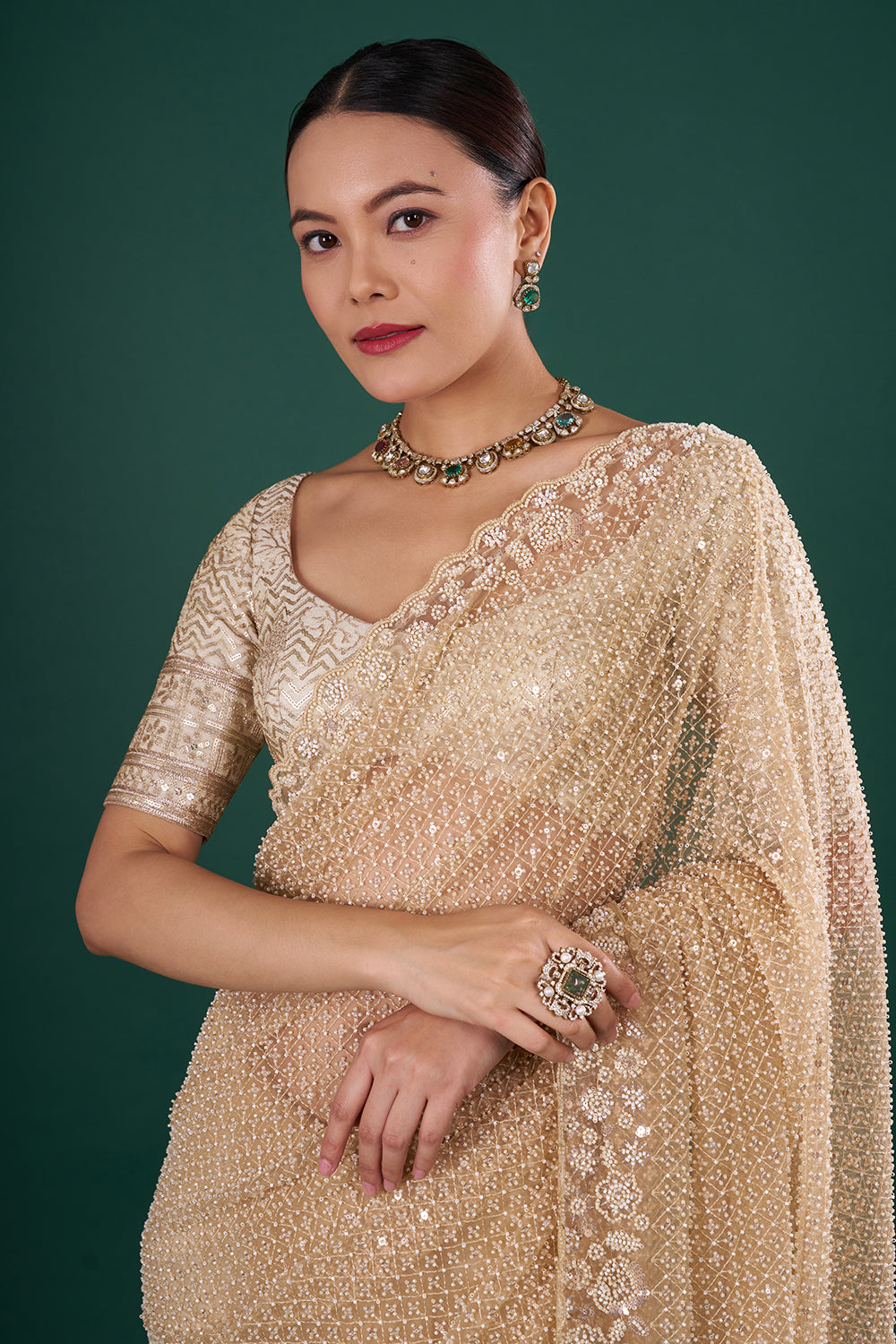 Beige Gold Net Saree with Sequin Embroidery