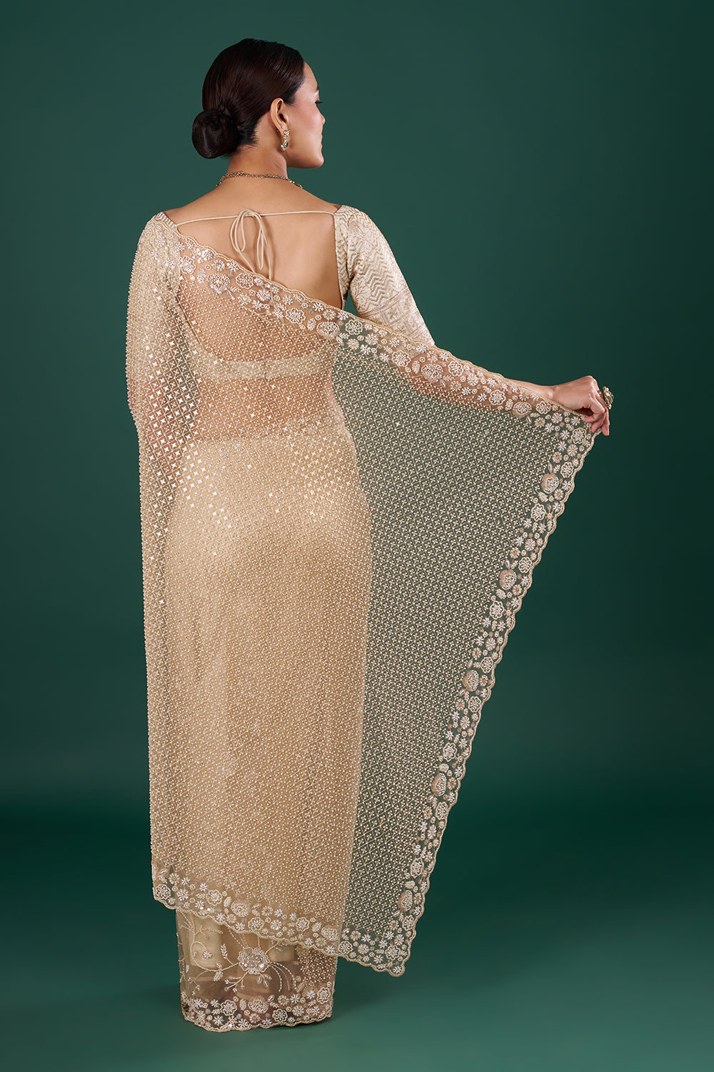 Beige Gold Net Saree with Sequin Embroidery