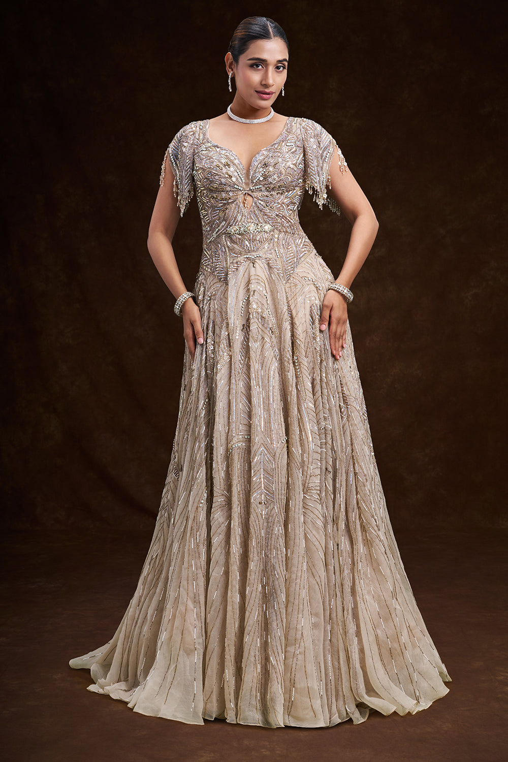 Beige Gold Satin and Net Bridal Gown with Abstract Tassel Embroidery