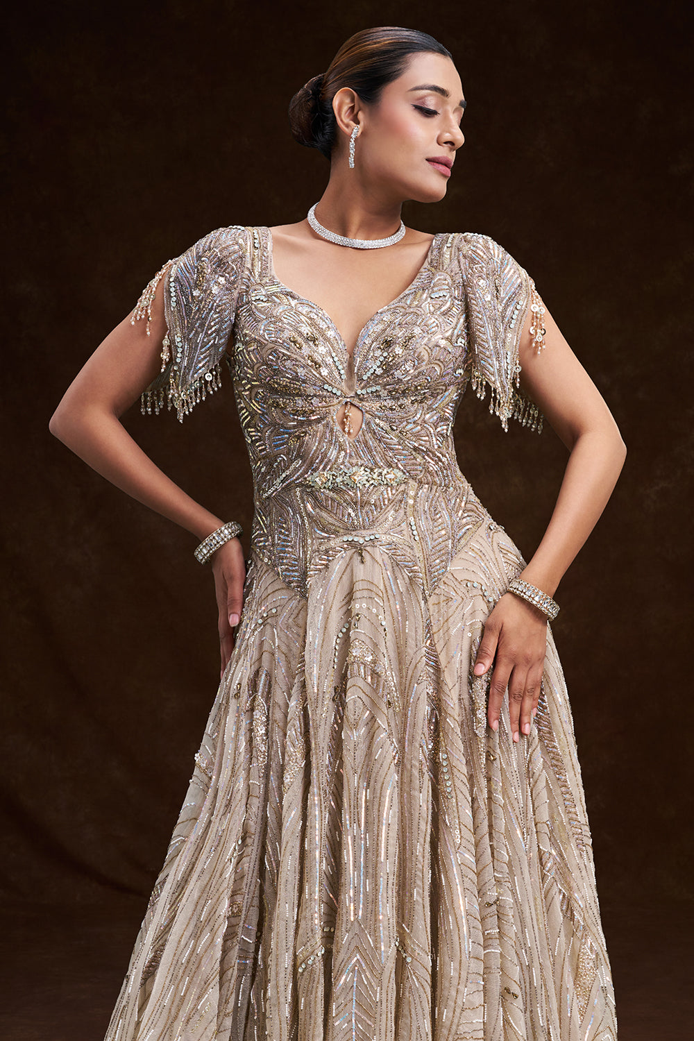 Beige Gold Satin and Net Bridal Gown with Abstract Tassel Embroidery