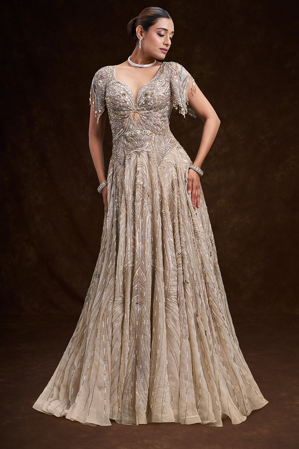 Beige Gold Satin and Net Bridal Gown with Abstract Tassel Embroidery