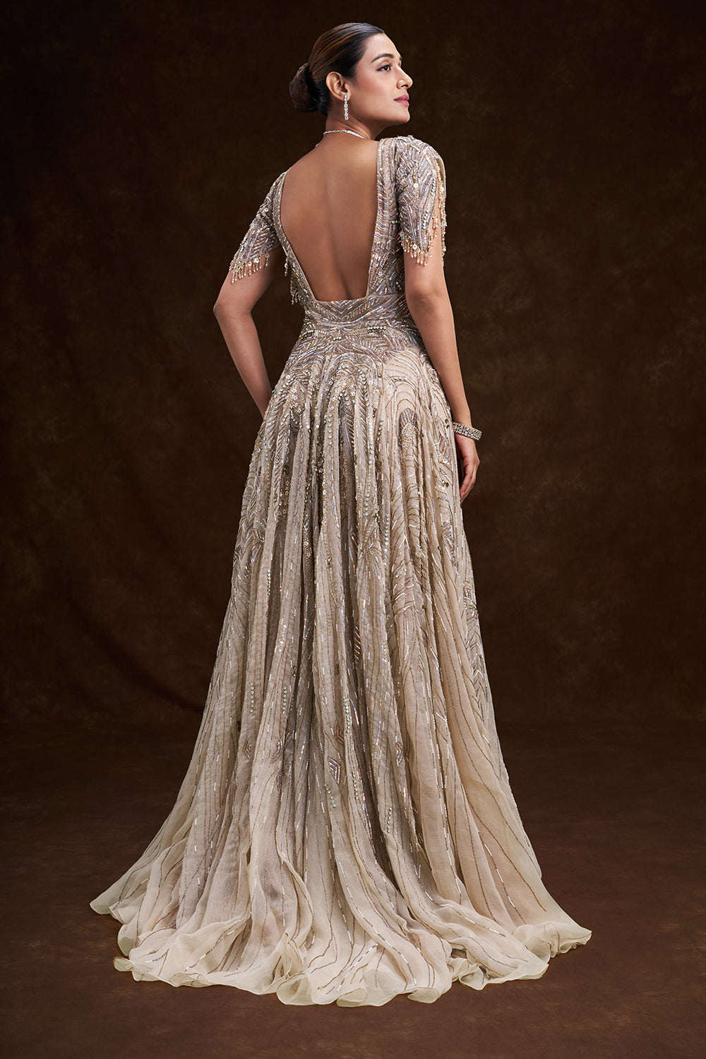 Beige Gold Satin and Net Bridal Gown with Abstract Tassel Embroidery