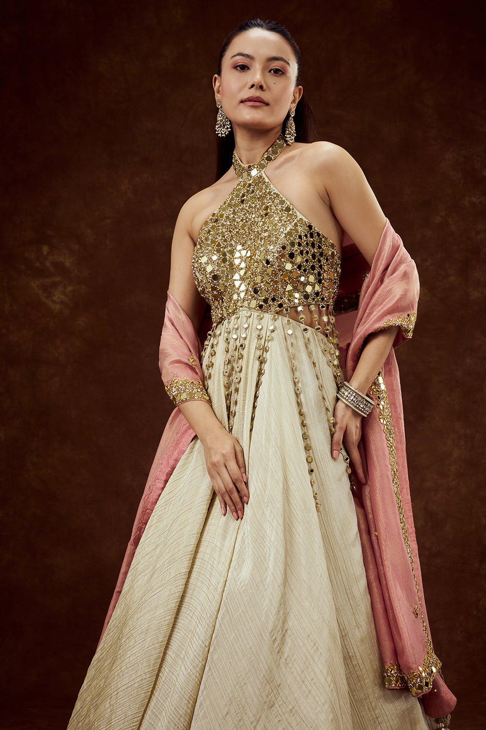 Beige Gold Tissue Contemporary Gown with Mirror and Cutdana Work