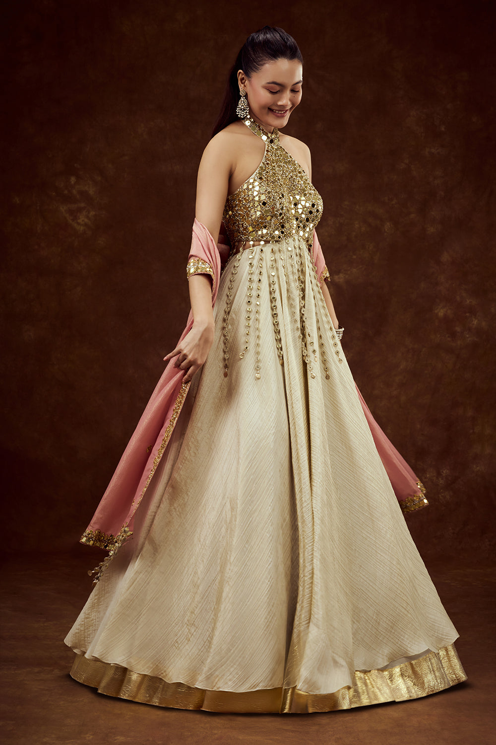 Beige Gold Tissue Contemporary Gown with Mirror and Cutdana Work
