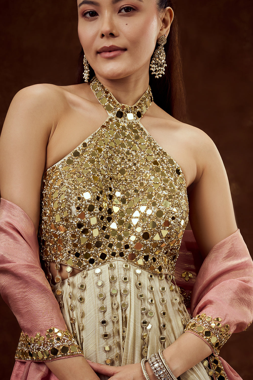Beige Gold Tissue Contemporary Gown with Mirror and Cutdana Work