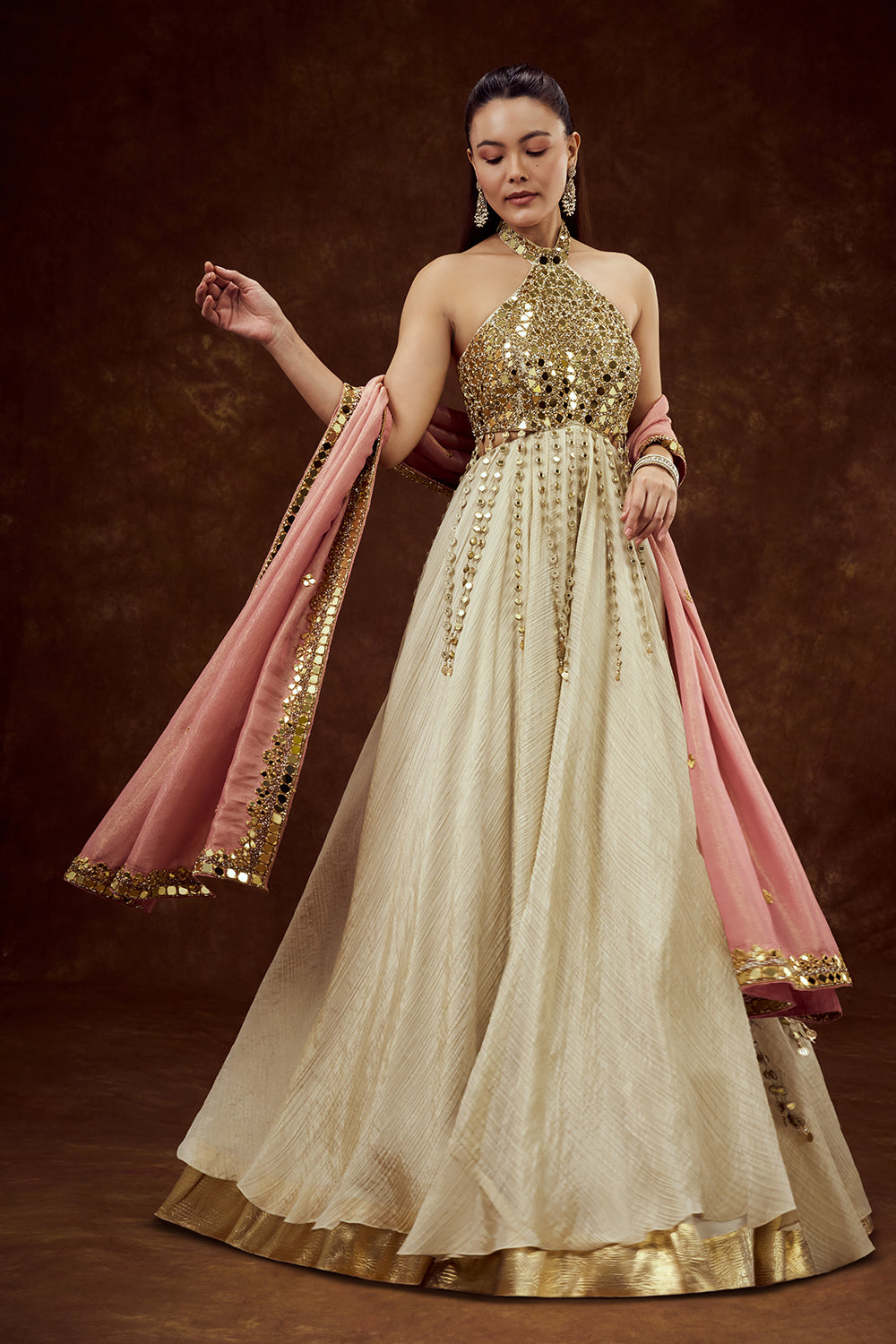 Beige Gold Tissue Contemporary Gown with Mirror and Cutdana Work
