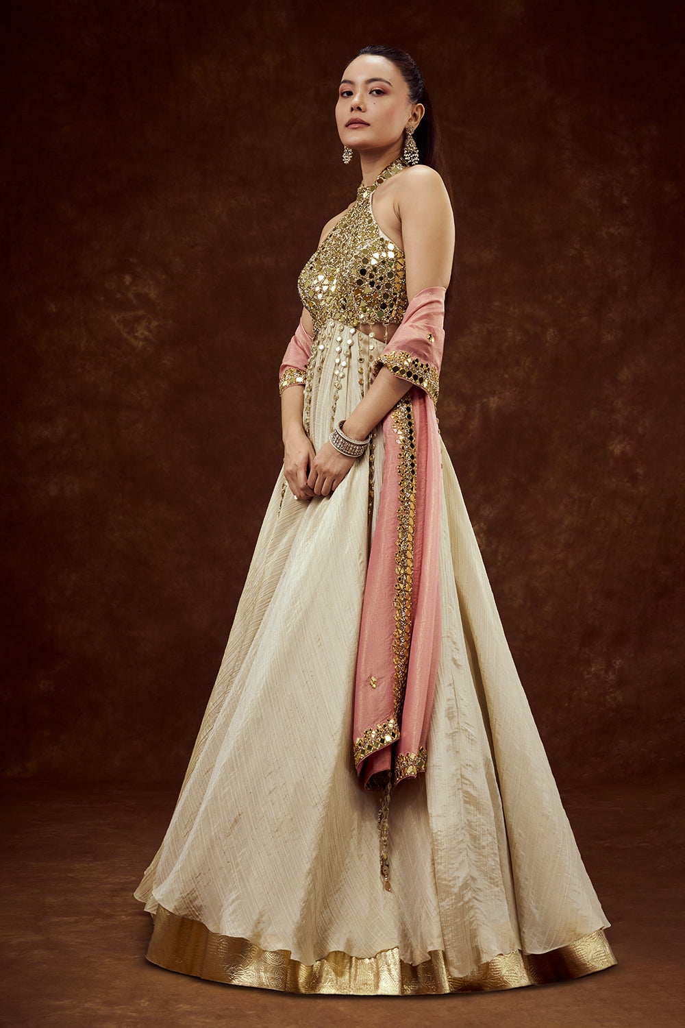Beige Gold Tissue Contemporary Gown with Mirror and Cutdana Work