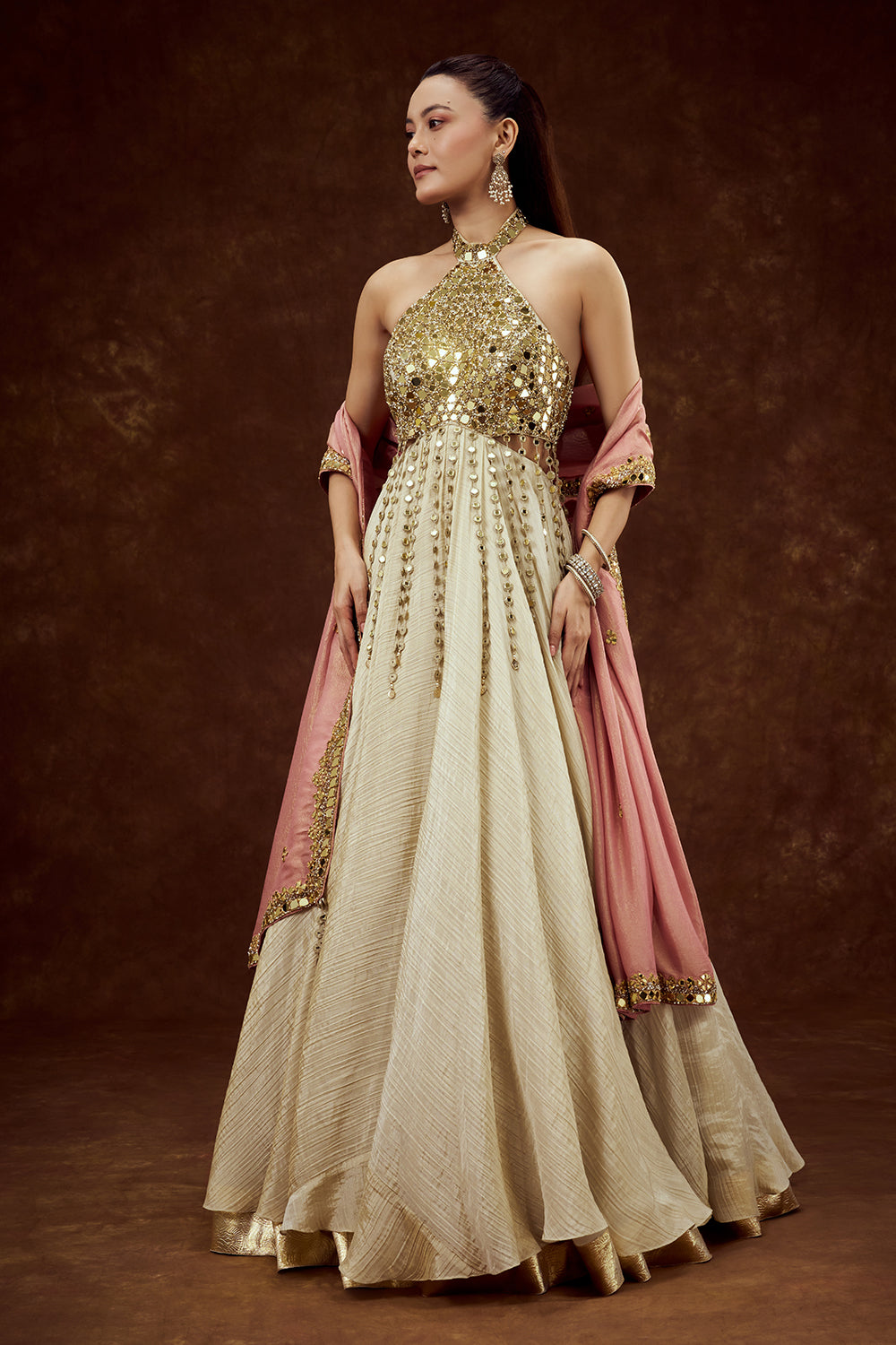 Beige Gold Tissue Contemporary Gown with Mirror and Cutdana Work