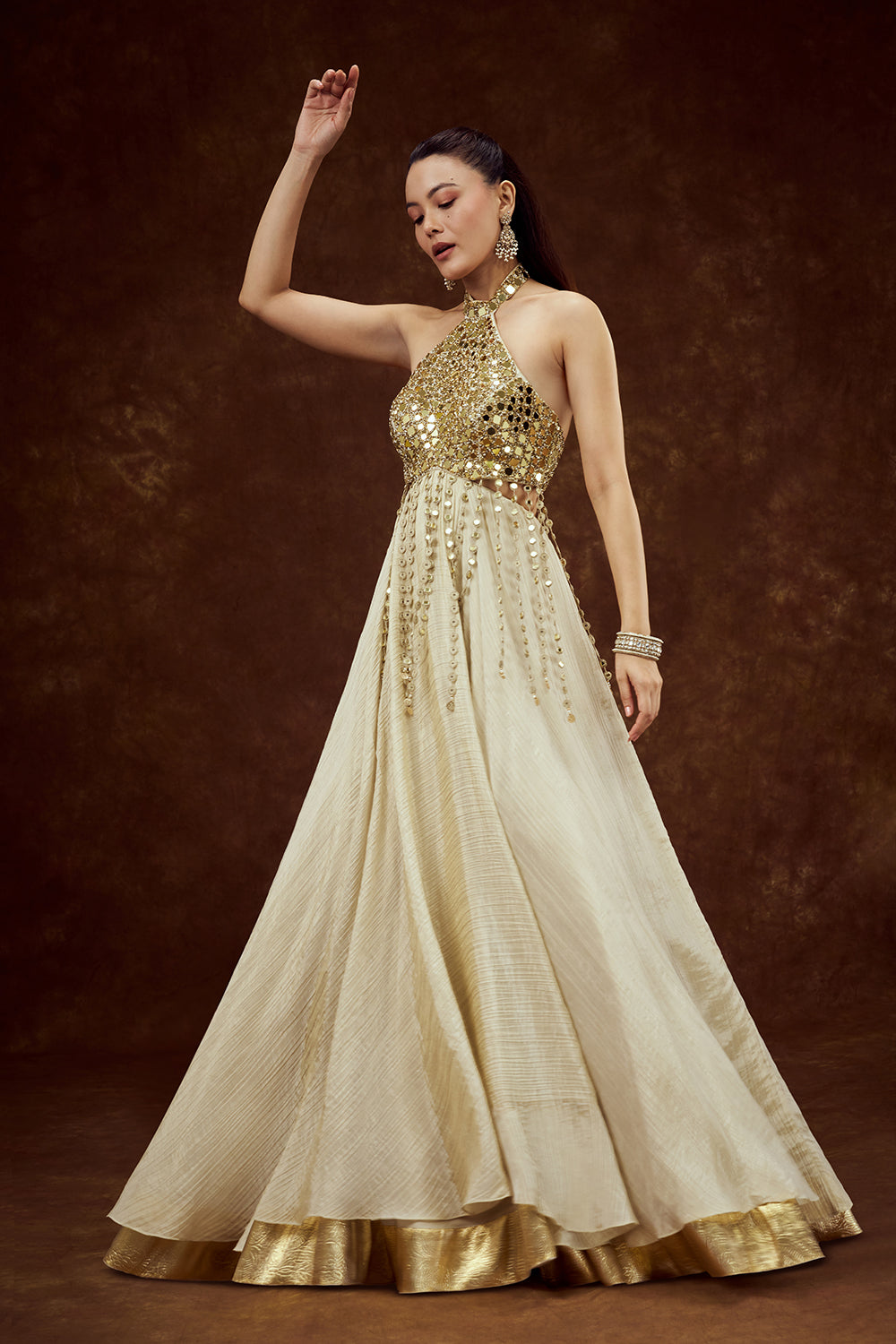 Beige Gold Tissue Contemporary Gown with Mirror and Cutdana Work