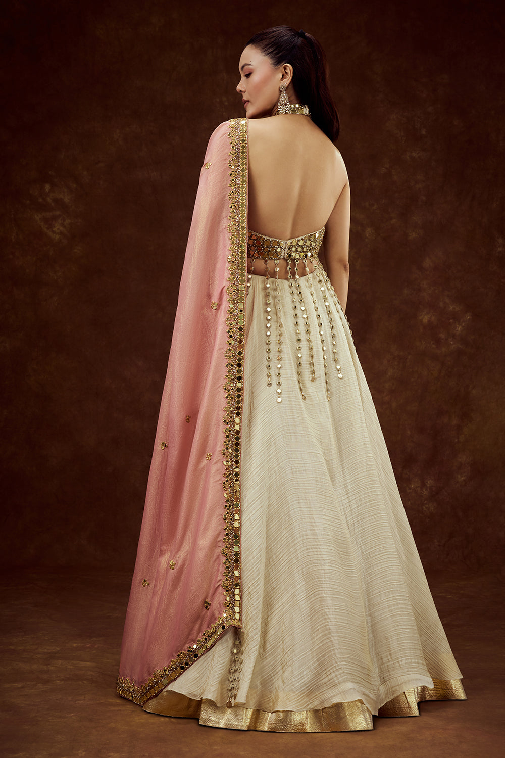 Beige Gold Tissue Contemporary Gown with Mirror and Cutdana Work