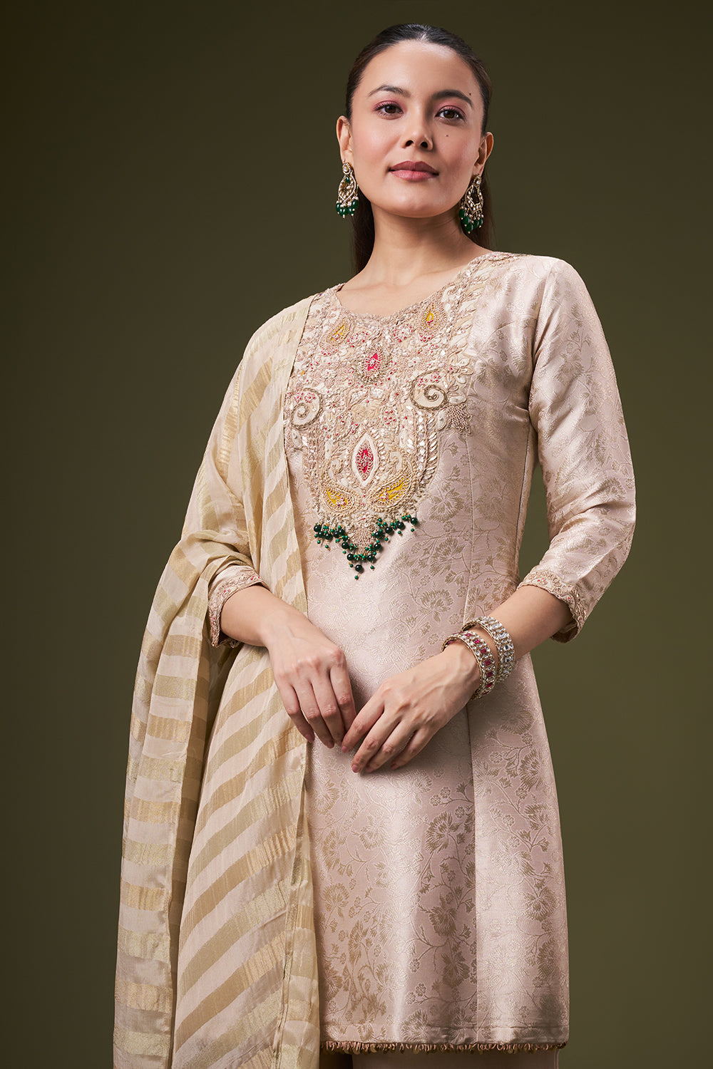 Beige Golden Brocade Palazzo Suit with Zardosi and Gota Work