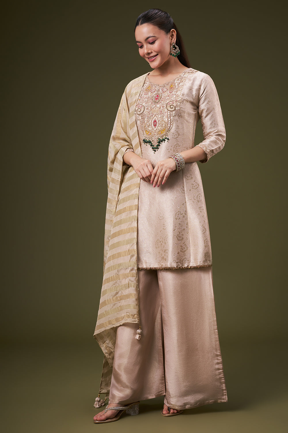 Beige Golden Brocade Palazzo Suit with Zardosi and Gota Work