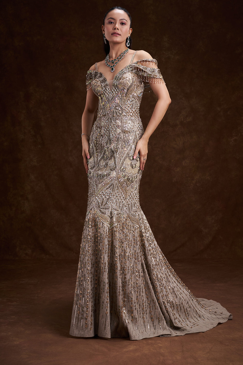 Beige Golden Net Satin Bridal Gown with Tassel Embellishments