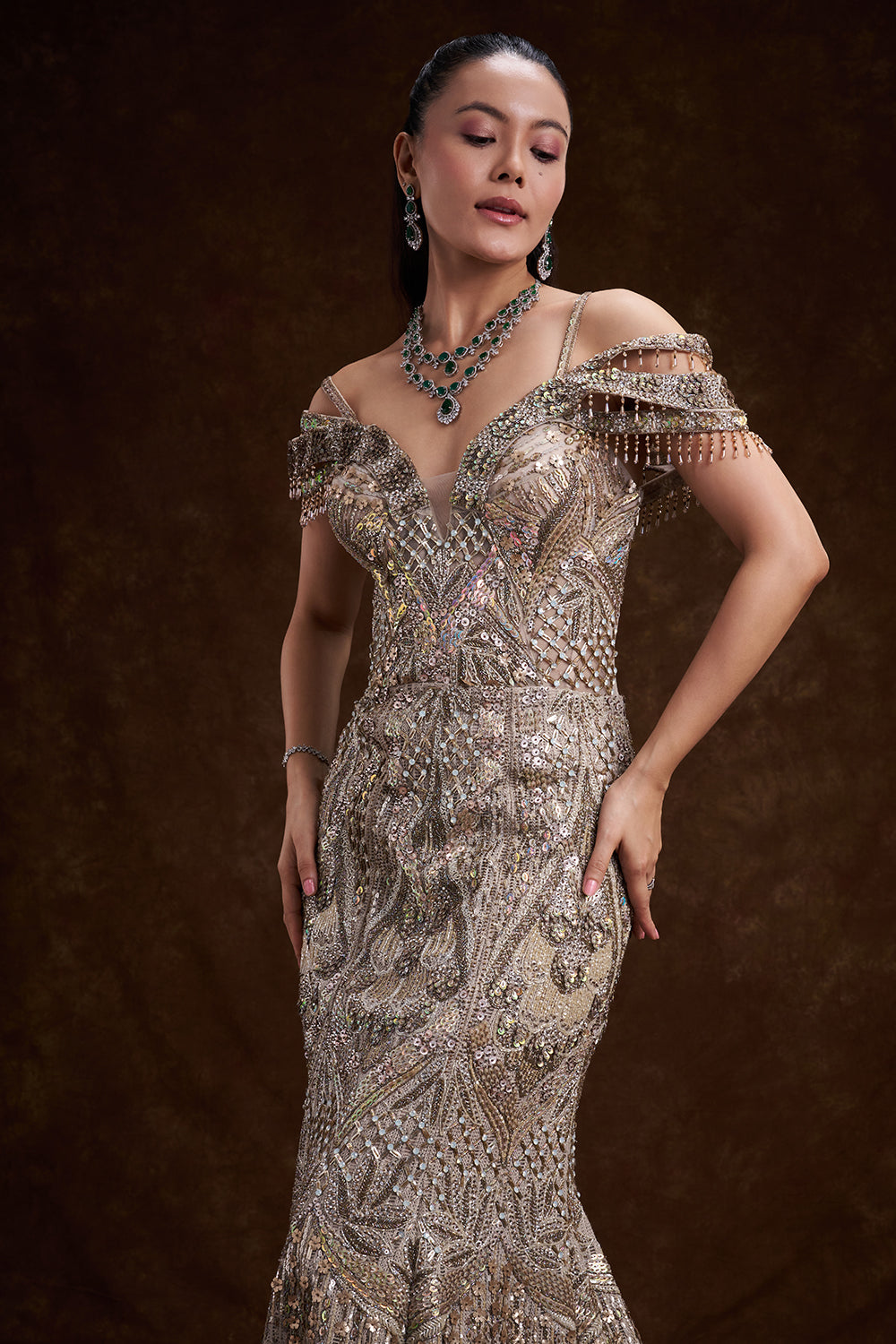 Beige Golden Net Satin Bridal Gown with Tassel Embellishments