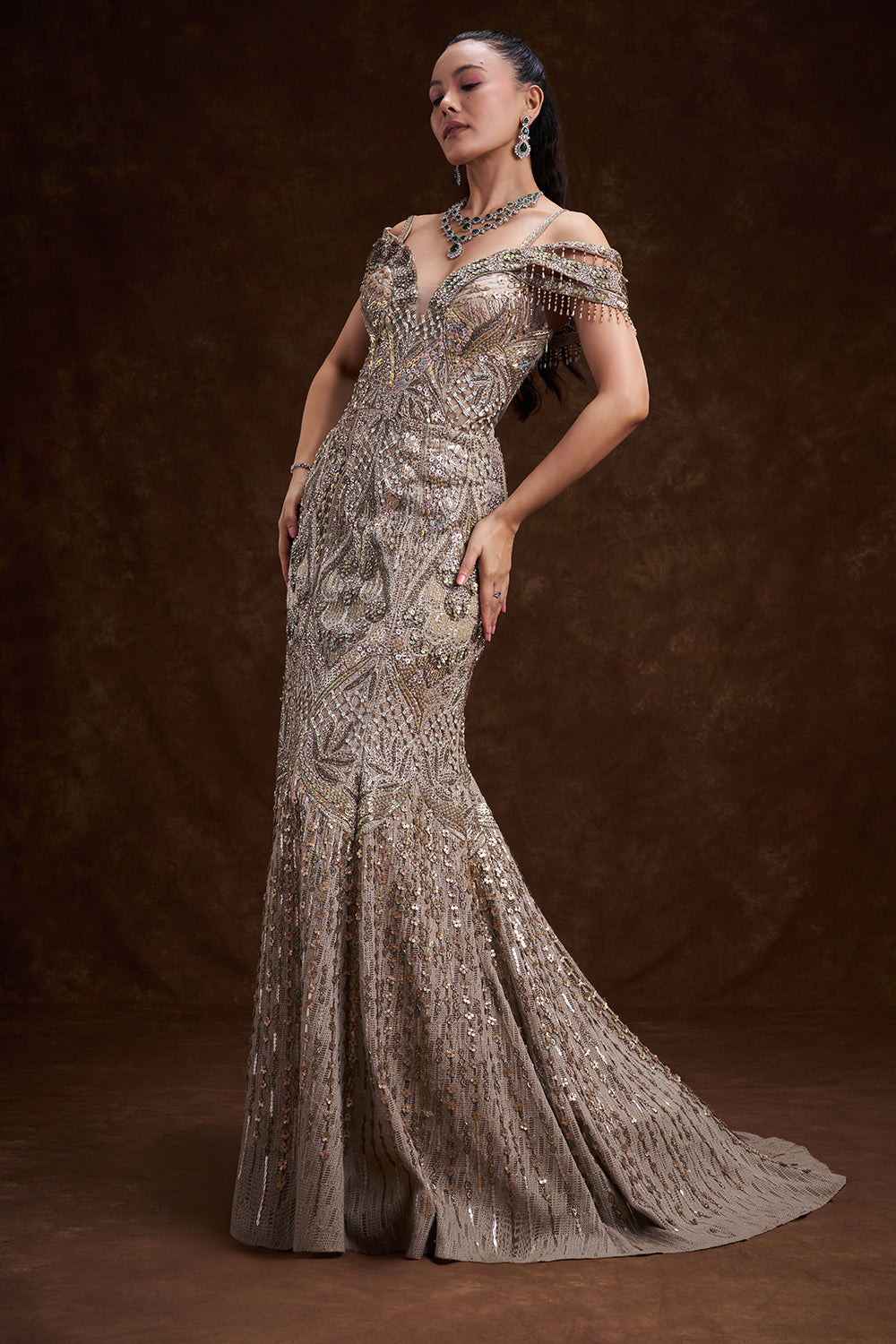 Beige Golden Net Satin Bridal Gown with Tassel Embellishments
