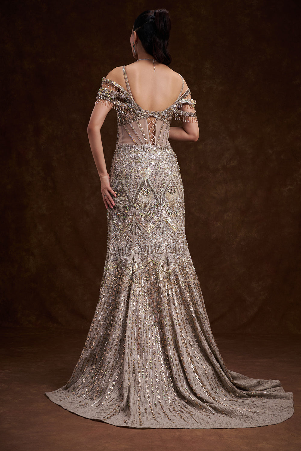 Beige Golden Net Satin Bridal Gown with Tassel Embellishments