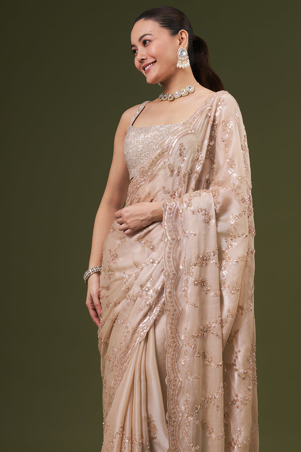 Beige Golden Organza Embroidered Saree with Sequin and Cutdana Work