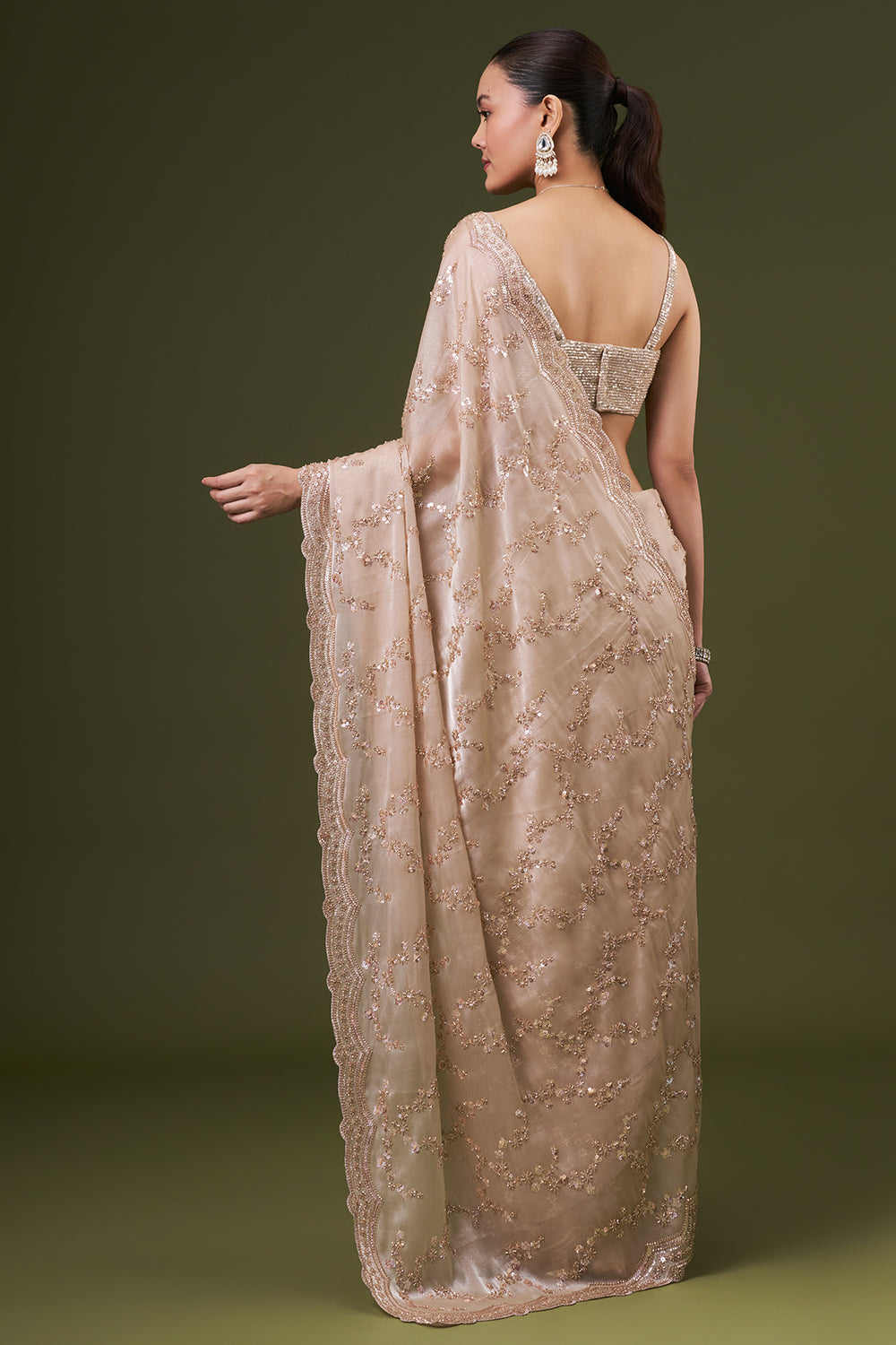 Beige Golden Organza Embroidered Saree with Sequin and Cutdana Work