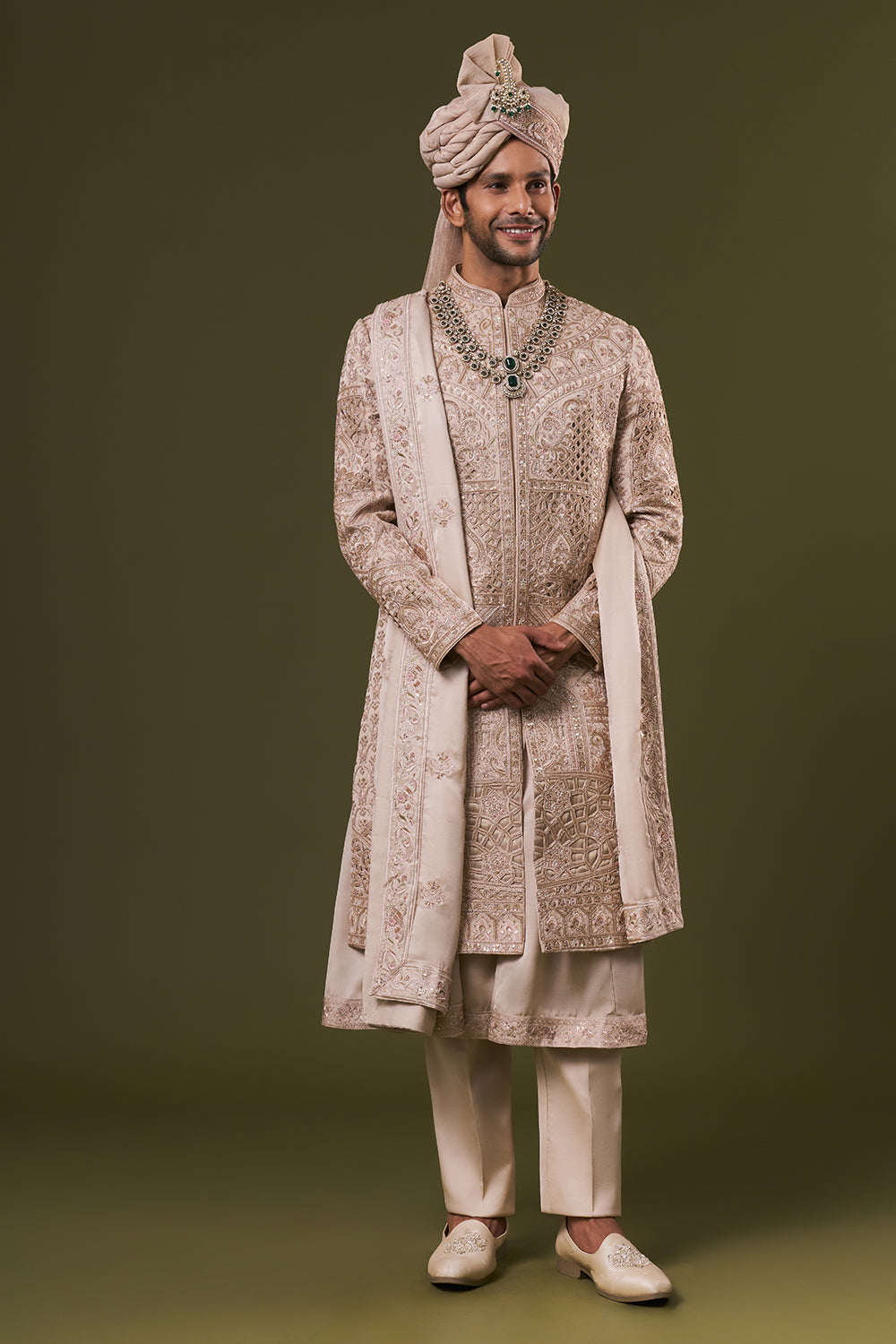 Beige Groomsman Sherwani with Cutdana and Sequins Work