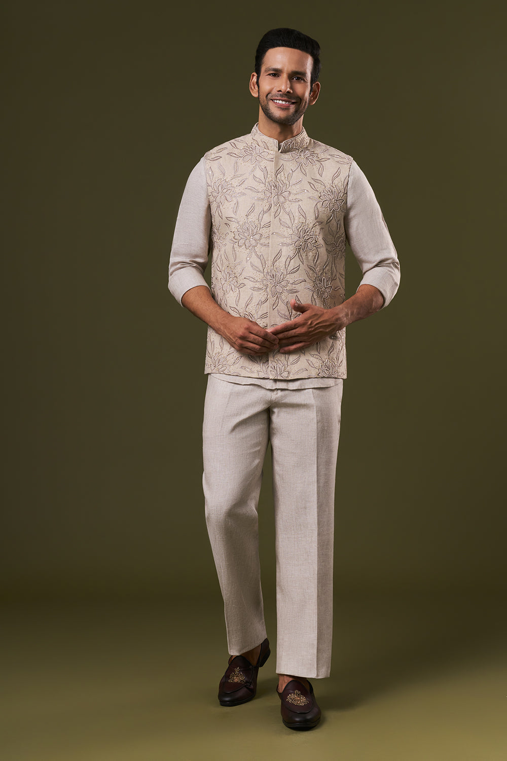 Beige Linen Mens Short Kurta Jacket Set with Sequins and Thread Work