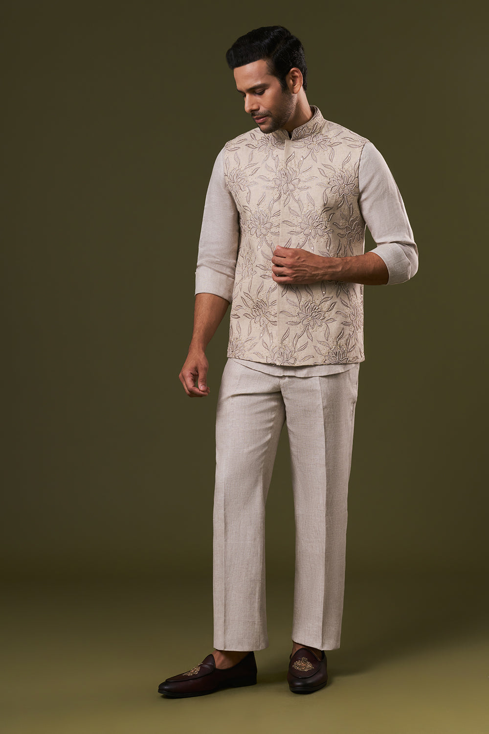 Beige Linen Mens Short Kurta Jacket Set with Sequins and Thread Work