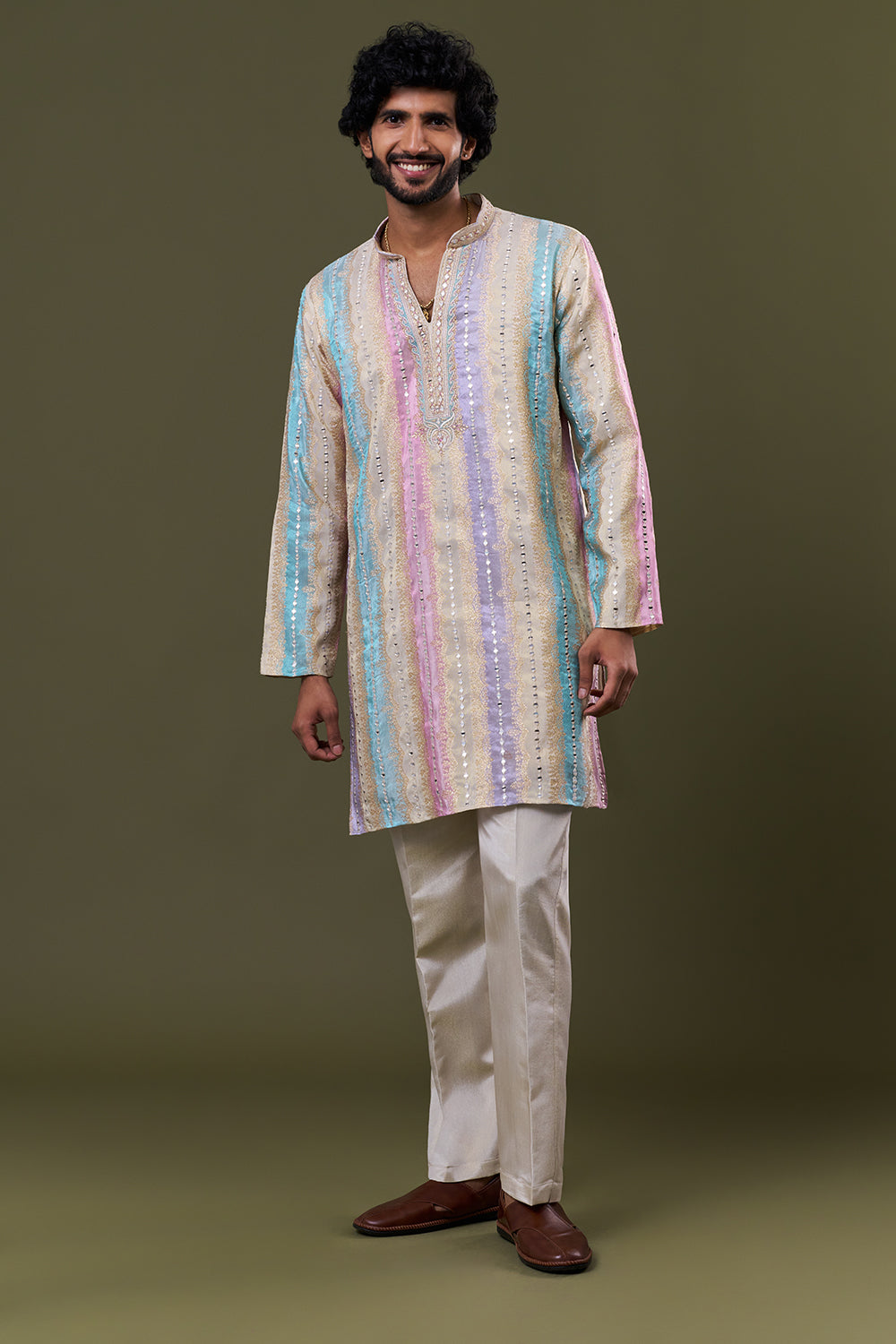 Beige Multi Tissue Silk Pastel Mirror Embellished Kurta Set