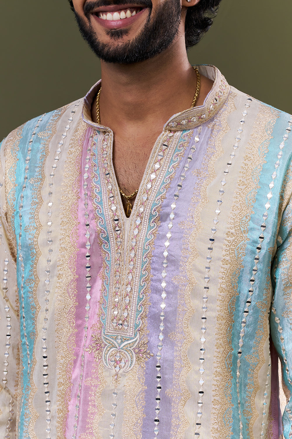 Beige Multi Tissue Silk Pastel Mirror Embellished Kurta Set