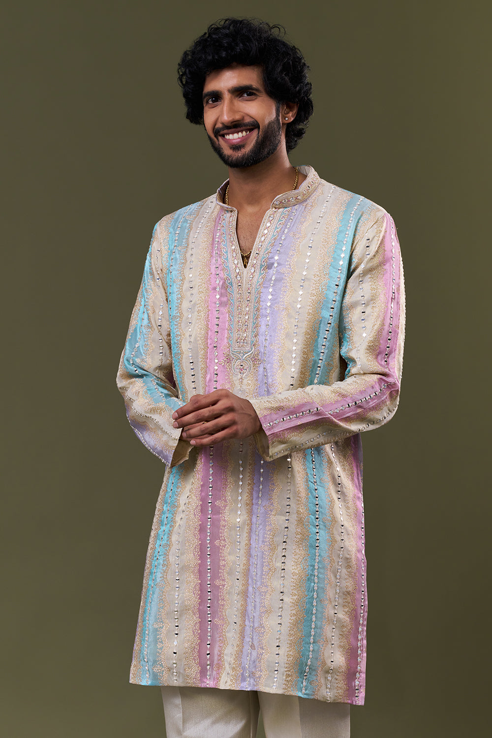 Beige Multi Tissue Silk Pastel Mirror Embellished Kurta Set