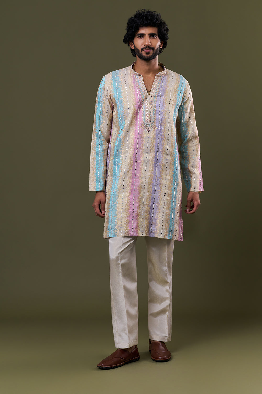Beige Multi Tissue Silk Pastel Mirror Embellished Kurta Set
