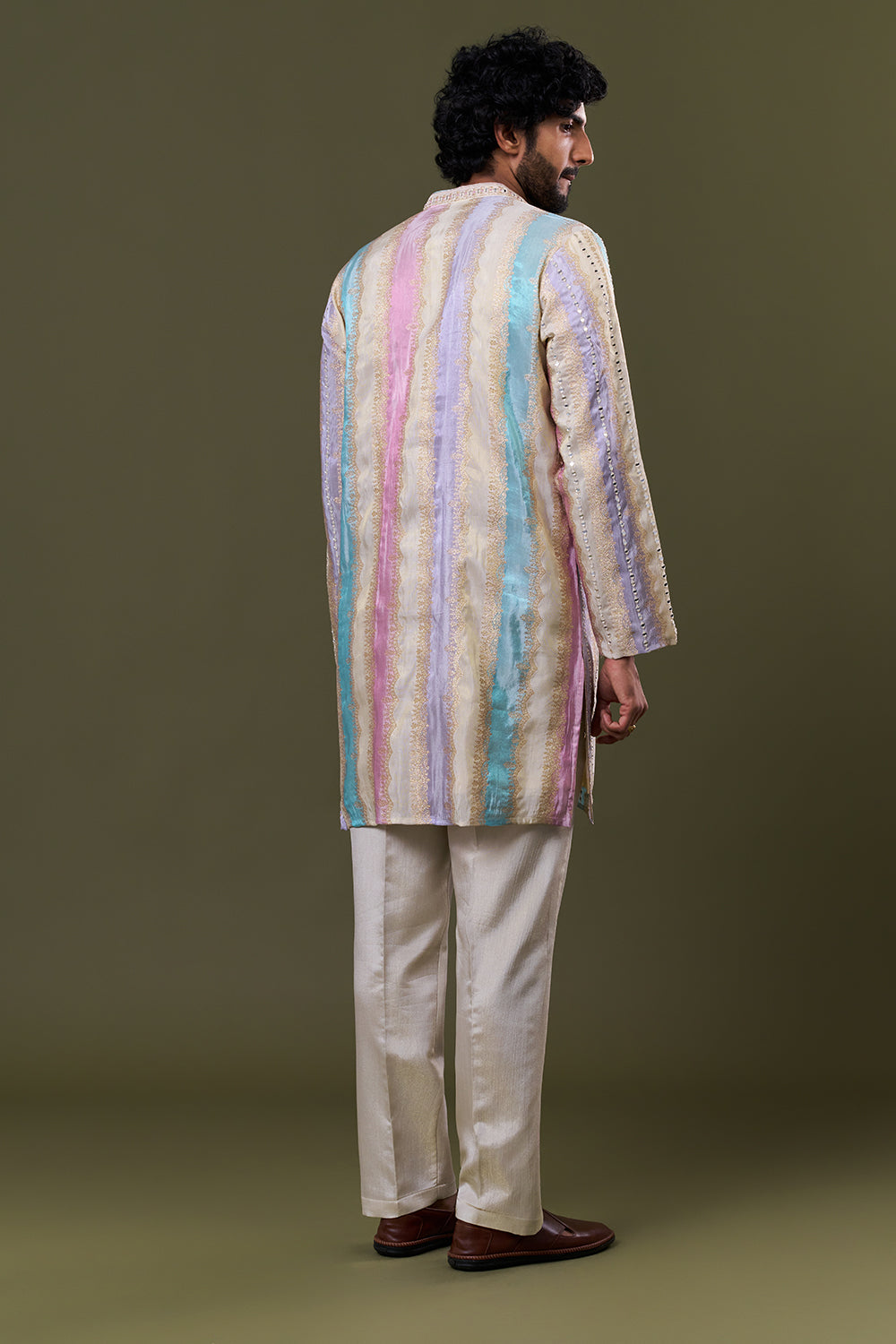 Beige Multi Tissue Silk Pastel Mirror Embellished Kurta Set